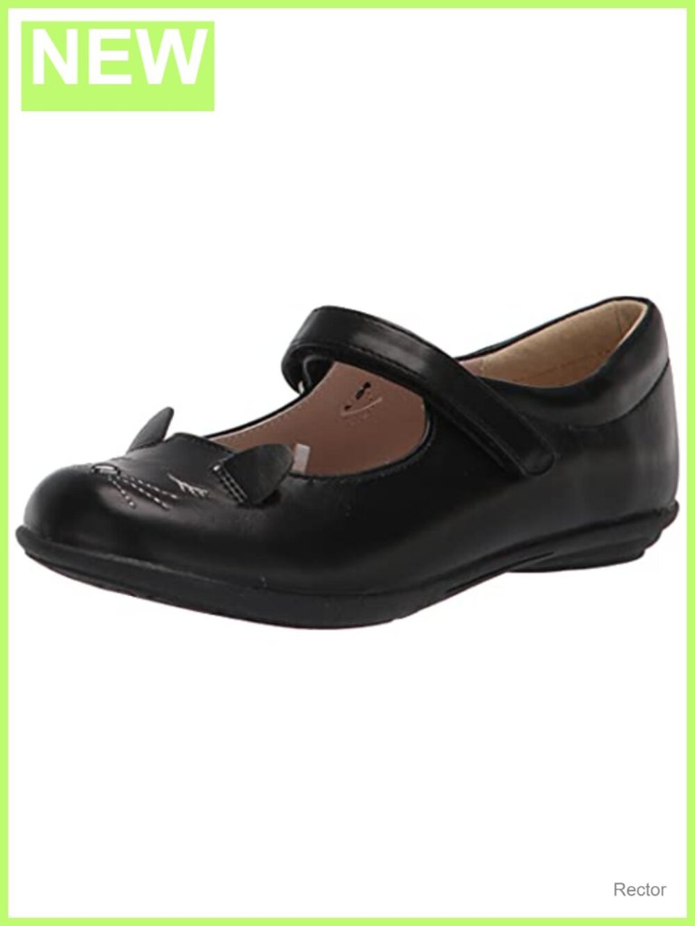 Girls Embroidered Cat Face Mary Jane Flats Hook-and-Loop Faux Leather